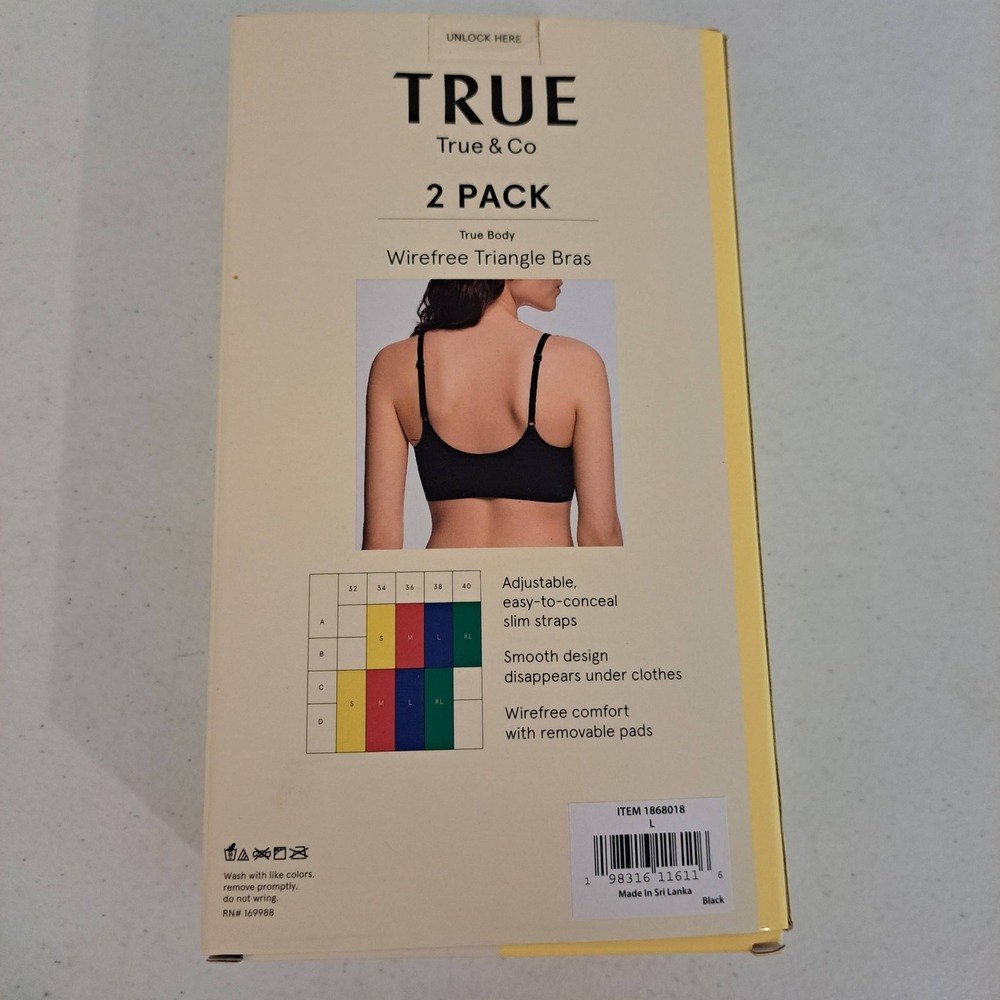 True & Co Womens Bra L Black NWT Wirefree Triangle 2 Pack 1791-350 - Picture 2 of 5